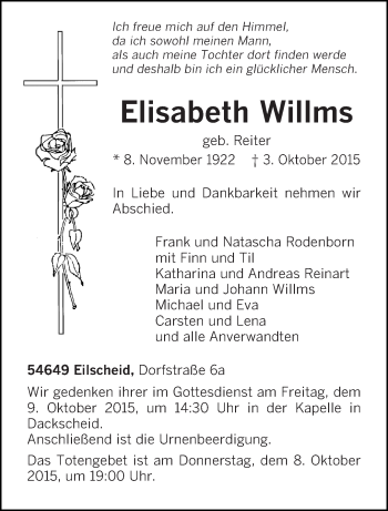 Traueranzeige von Elisabeth Willms von trierischer_volksfreund