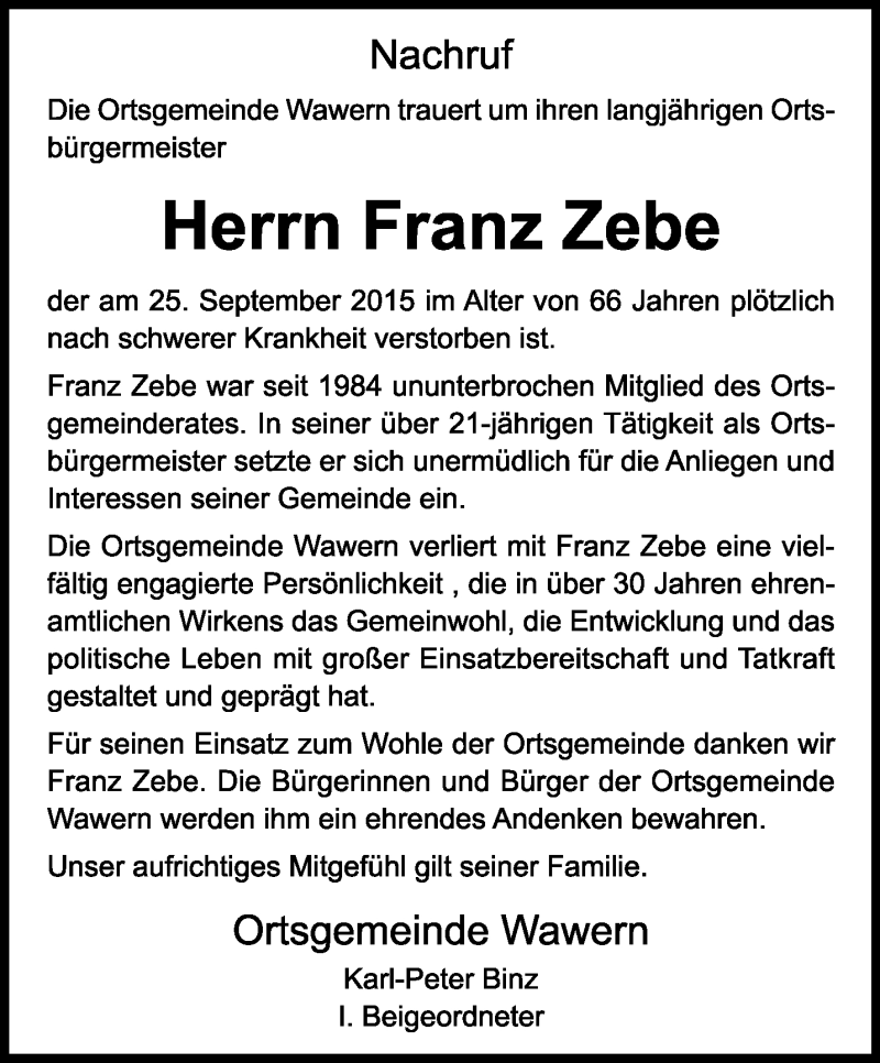  Traueranzeige für Franz Zebe vom 30.09.2015 aus trierischer_volksfreund