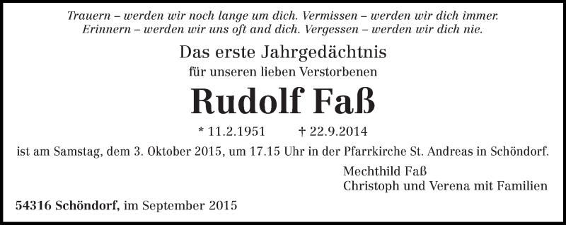  Traueranzeige für Rudolf Faß vom 30.09.2015 aus trierischer_volksfreund