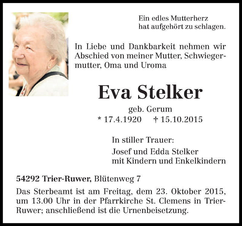  Traueranzeige für Eva Stelker vom 17.10.2015 aus trierischer_volksfreund