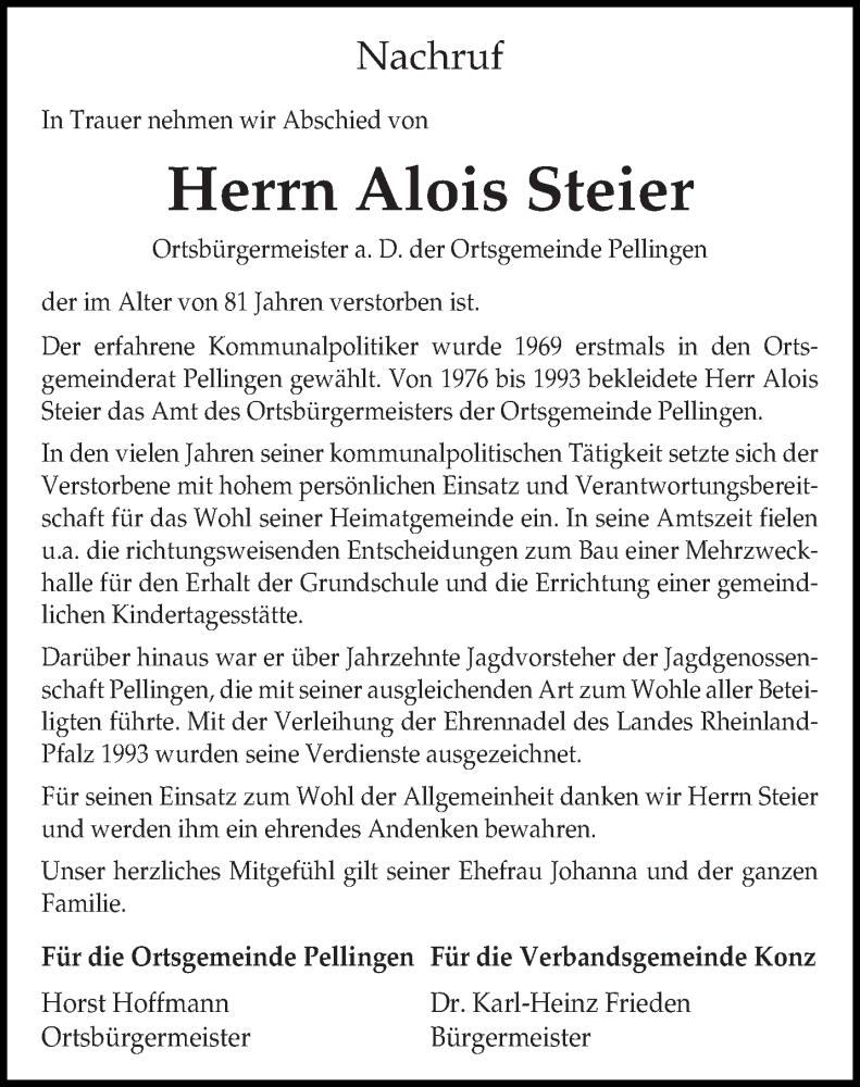  Traueranzeige für Alois Steier vom 14.10.2015 aus trierischer_volksfreund