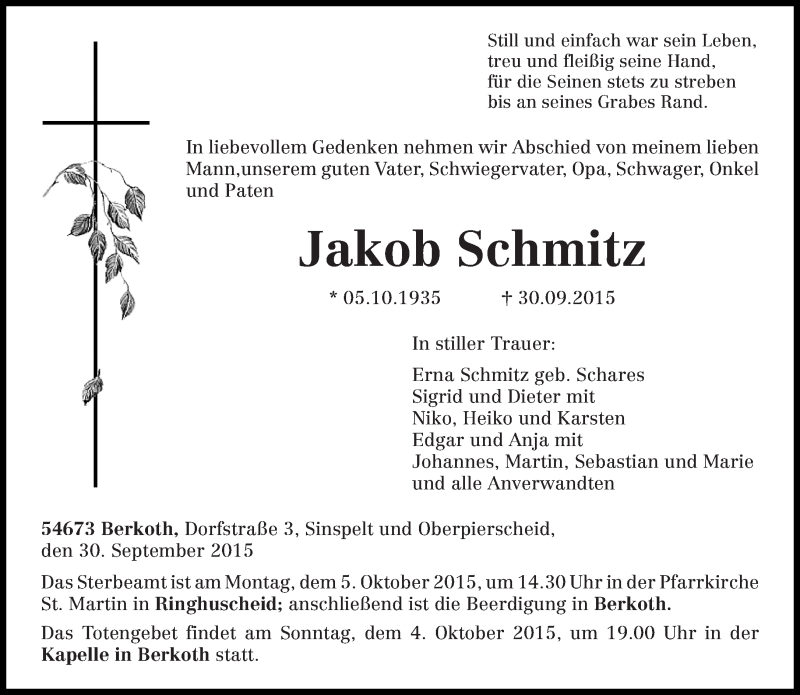  Traueranzeige für Jakob Schmitz vom 02.10.2015 aus trierischer_volksfreund