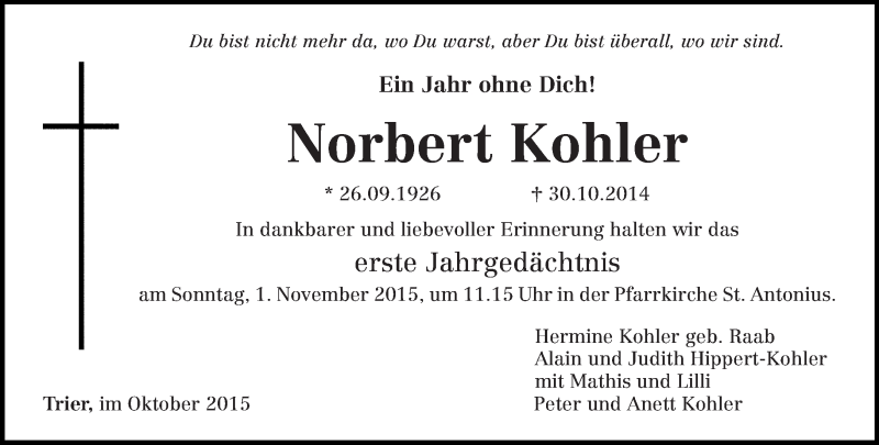 Traueranzeige für Norbert  Kohler vom 30.10.2015 aus trierischer_volksfreund