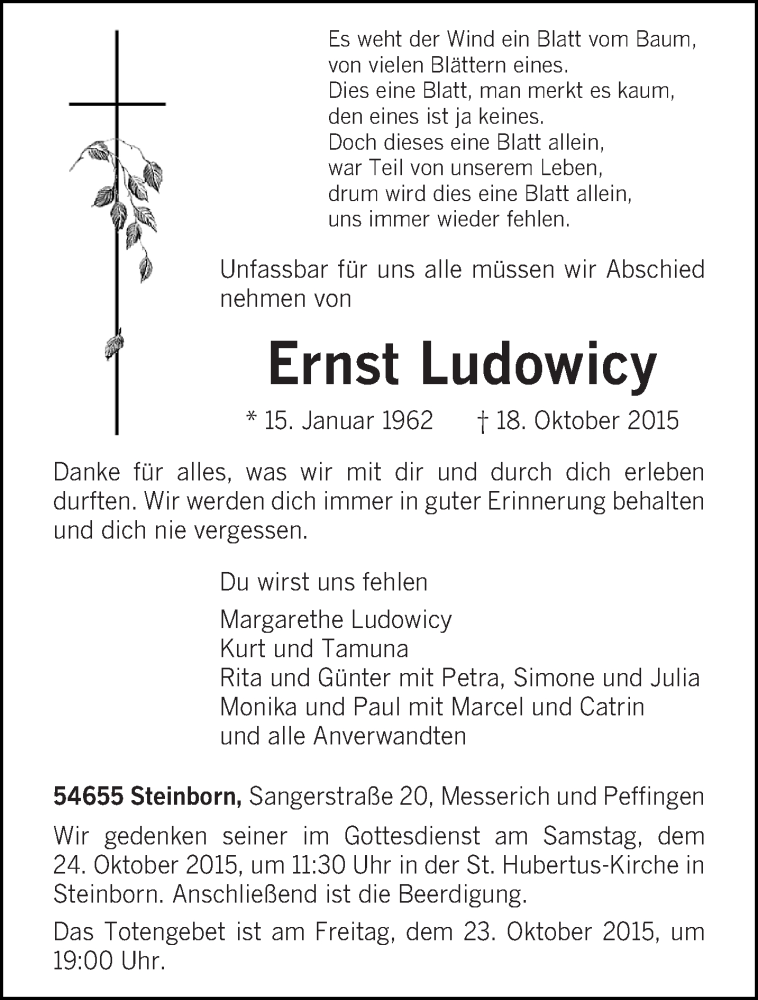  Traueranzeige für Ernst Ludowicy vom 21.10.2015 aus trierischer_volksfreund