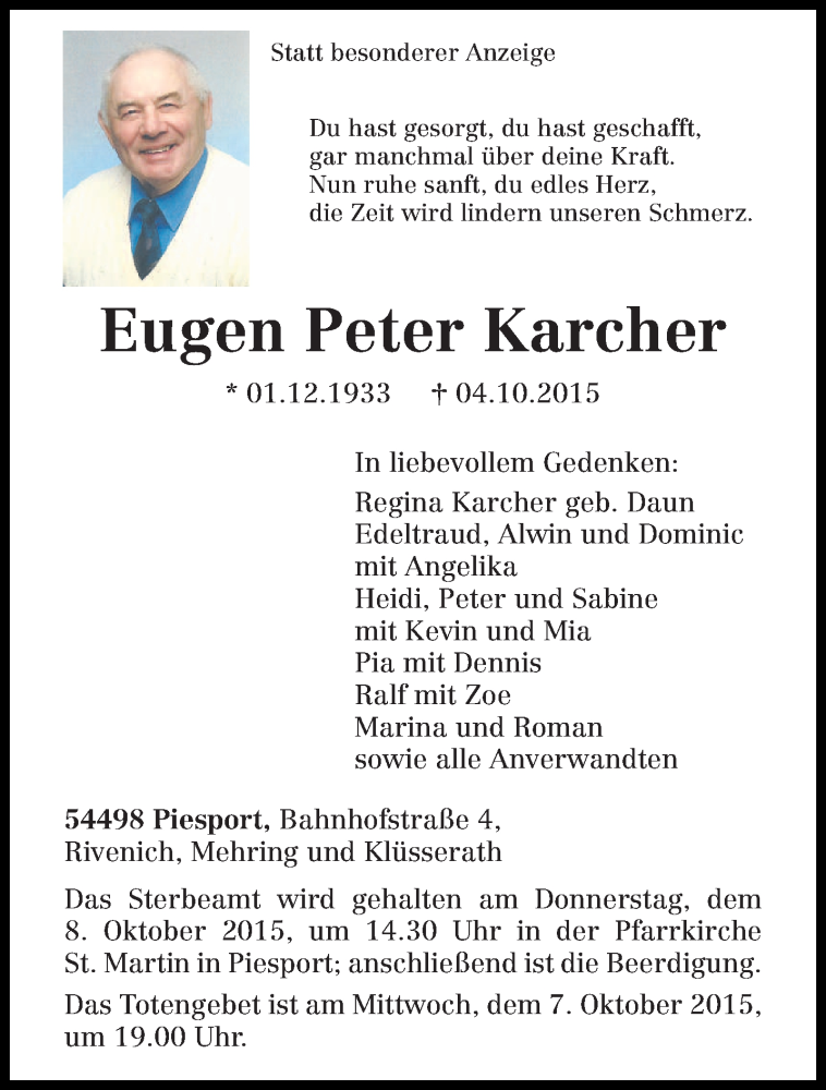  Traueranzeige für Eugen Peter Karcher vom 06.10.2015 aus trierischer_volksfreund