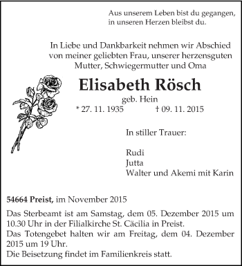 Traueranzeige von Elisabeth Rösch von trierischer_volksfreund