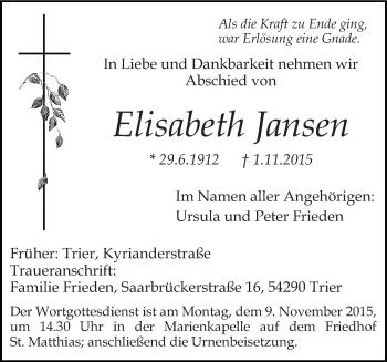 Traueranzeige von Elisabeth Jansen von trierischer_volksfreund