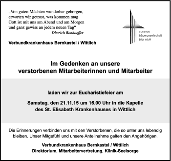 Traueranzeige von In Gedenken St. Elisabeth Krankenhaus von trierischer_volksfreund