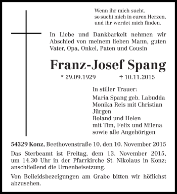 Traueranzeige von Franz-Josef Spang von trierischer_volksfreund