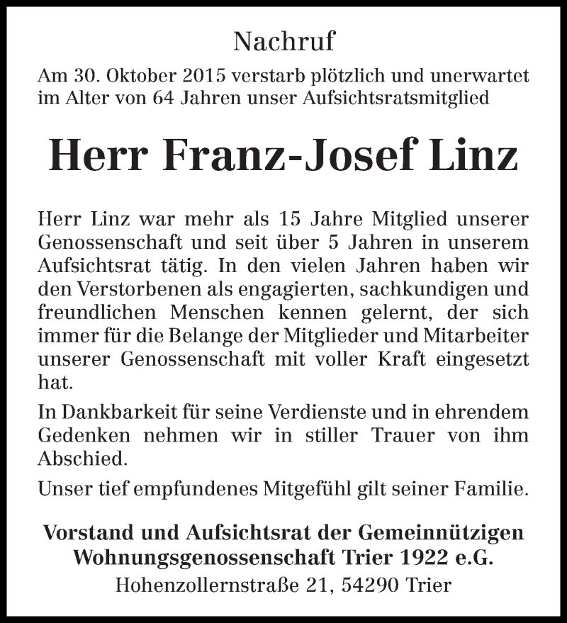  Traueranzeige für Franz-Josef Linz vom 05.11.2015 aus trierischer_volksfreund