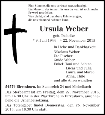 Traueranzeige von Ursuka Weber von trierischer_volksfreund