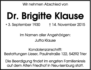 Traueranzeige von Brigitte Klause von trierischer_volksfreund