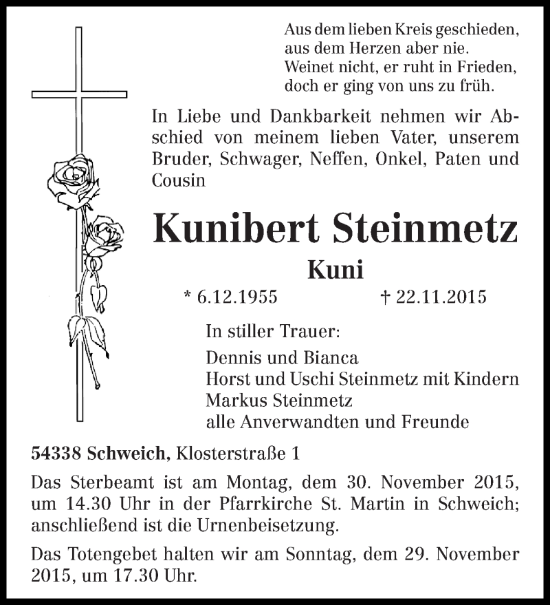  Traueranzeige für Kunibert Steinmetz vom 25.11.2015 aus trierischer_volksfreund