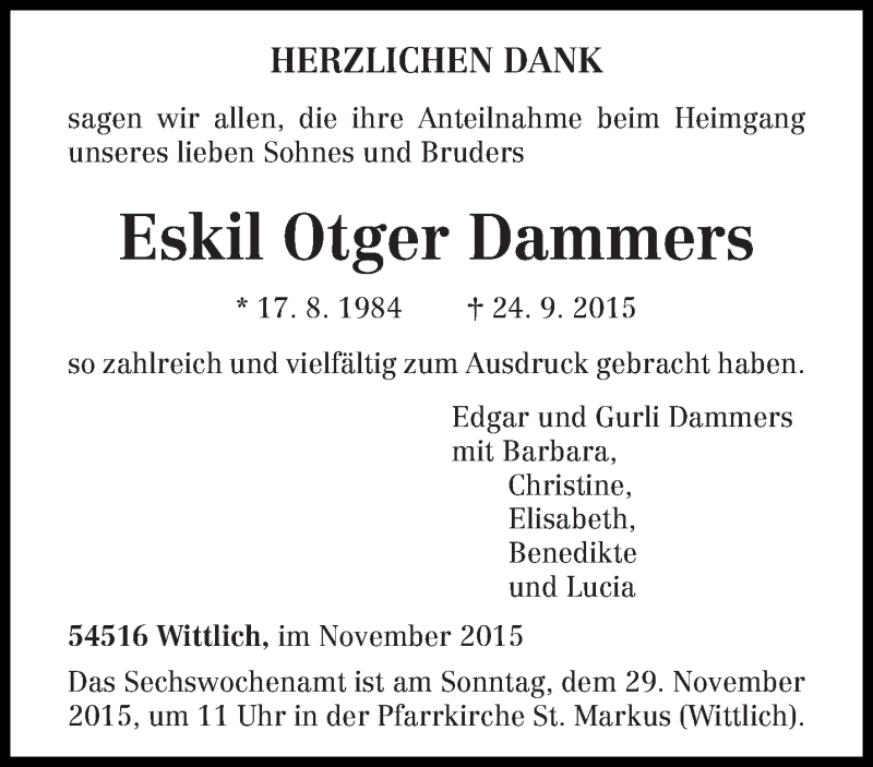  Traueranzeige für Eskil Otger Dammers vom 25.11.2015 aus trierischer_volksfreund