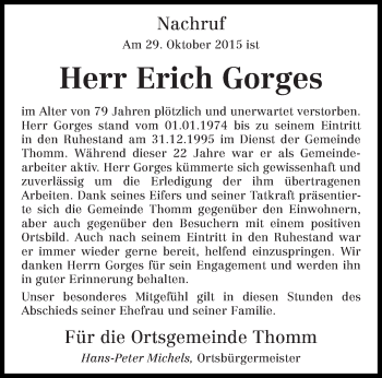 Traueranzeige von Erich Gorges von trierischer_volksfreund