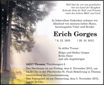 Traueranzeige von Erich Gorges von trierischer_volksfreund