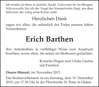 Traueranzeige von Erich Barthen von trierischer_volksfreund