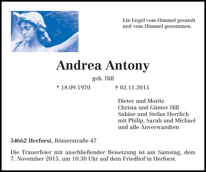  Traueranzeige für Andrea Antony vom 05.11.2015 aus trierischer_volksfreund