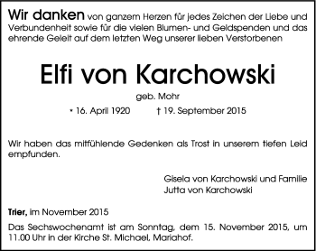 Traueranzeige von Elfi von Karchowski von trierischer_volksfreund