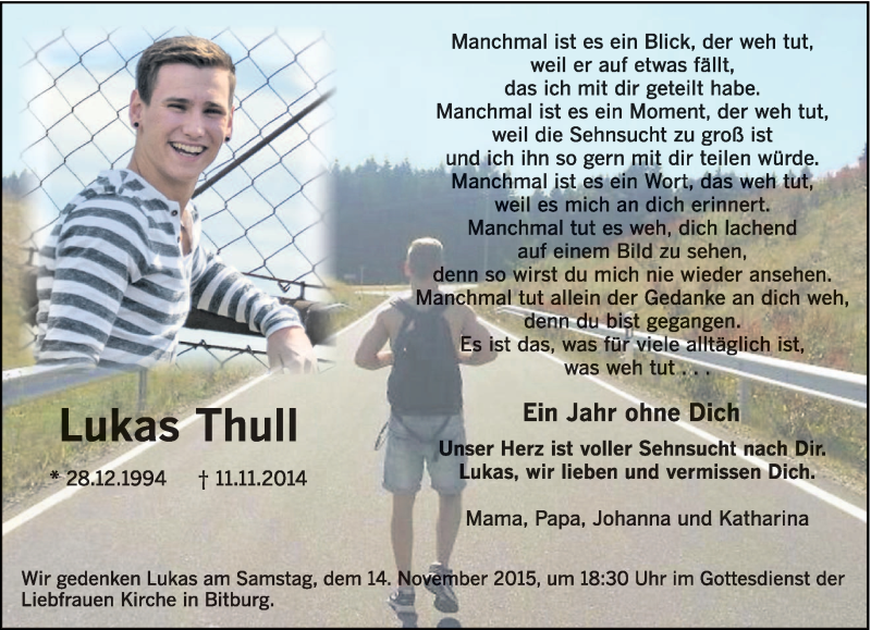  Traueranzeige für Lukas Thull vom 07.11.2015 aus trierischer_volksfreund