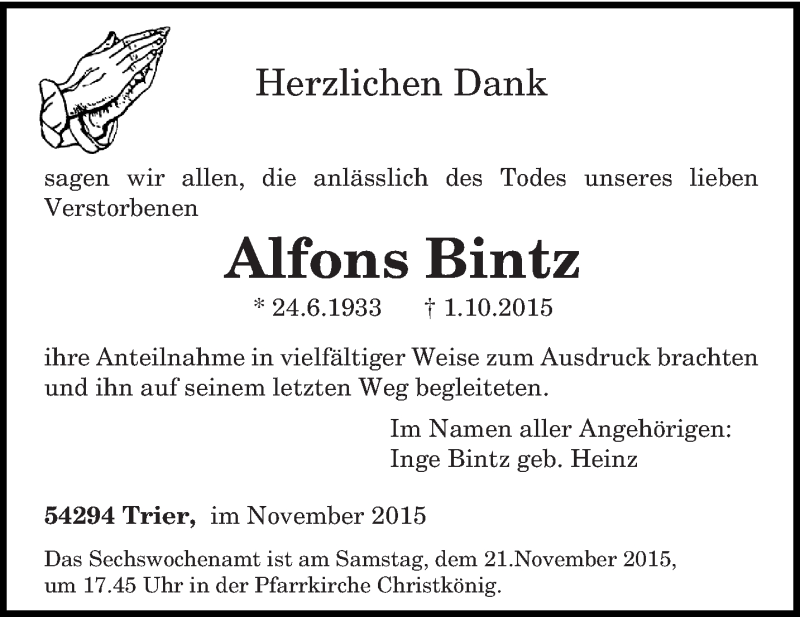  Traueranzeige für Alfons Bintz vom 18.11.2015 aus trierischer_volksfreund