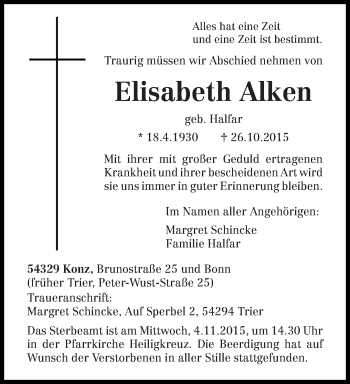 Traueranzeige von Elisabeth Alken von trierischer_volksfreund