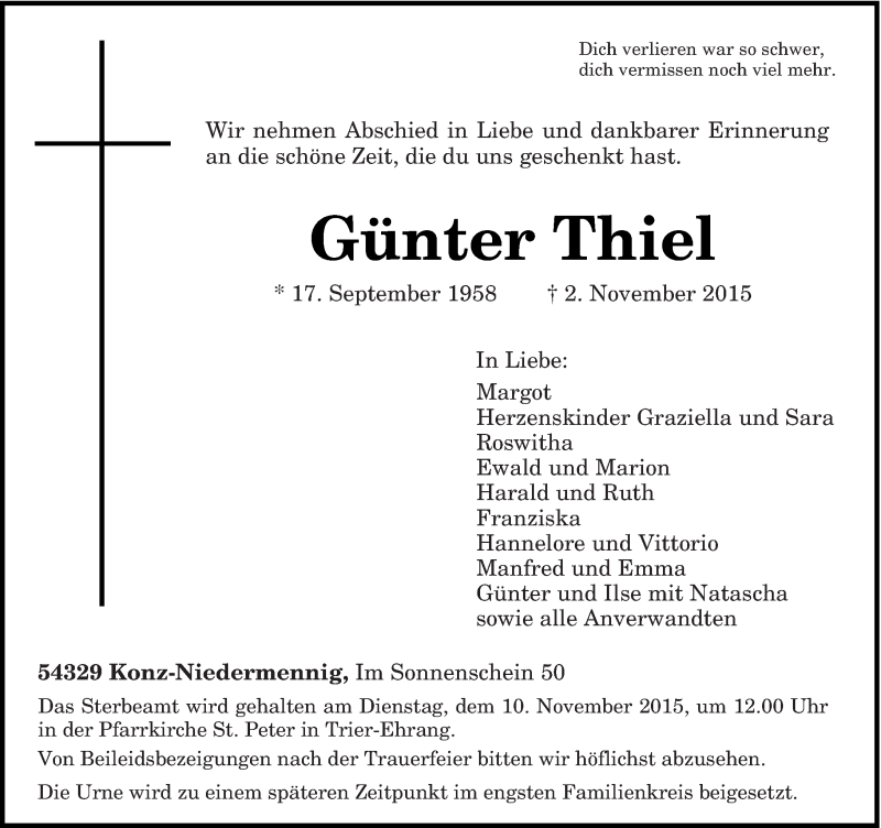  Traueranzeige für Günter Thiel vom 07.11.2015 aus trierischer_volksfreund