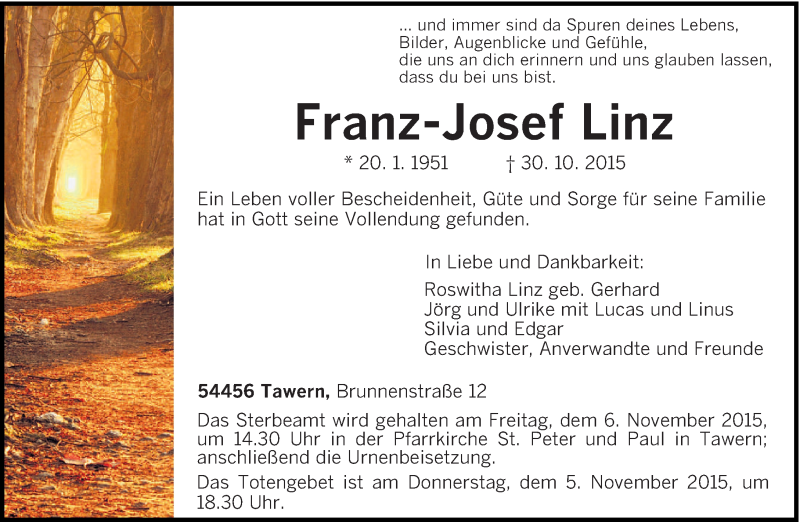  Traueranzeige für Franz-Josef Linz vom 03.11.2015 aus trierischer_volksfreund