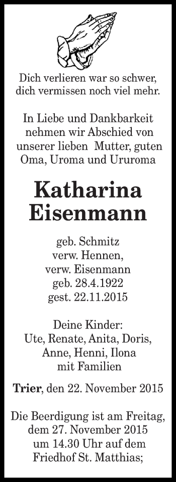 Traueranzeige von Katharina Eisenmann von trierischer_volksfreund