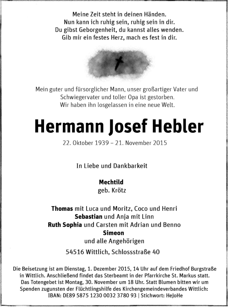  Traueranzeige für Hermann Josef Hebler vom 25.11.2015 aus trierischer_volksfreund