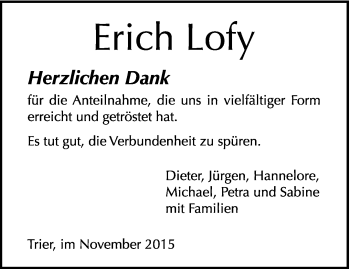 Traueranzeige von Erich Lofy von trierischer_volksfreund