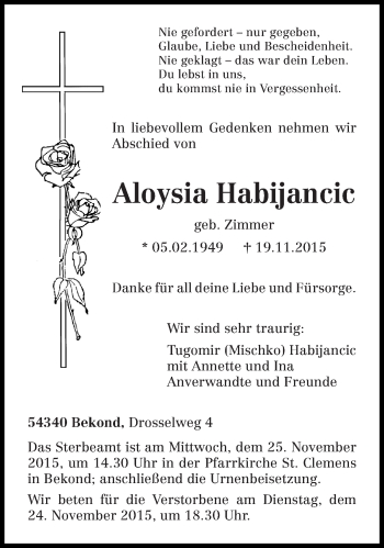 Traueranzeige von Aloysia Habijancic von trierischer_volksfreund