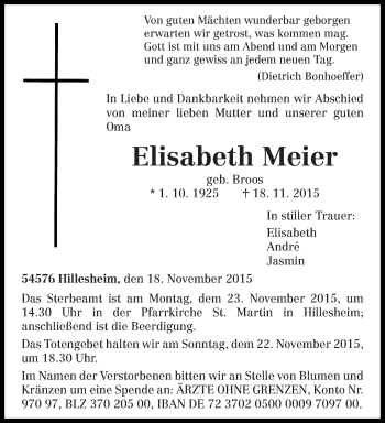 Traueranzeige von Elisabeth Meier von trierischer_volksfreund