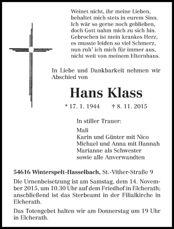 Traueranzeige von Hans Klass von trierischer_volksfreund