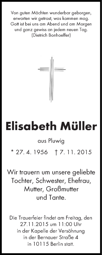Traueranzeige von Elisabeth Müller von trierischer_volksfreund