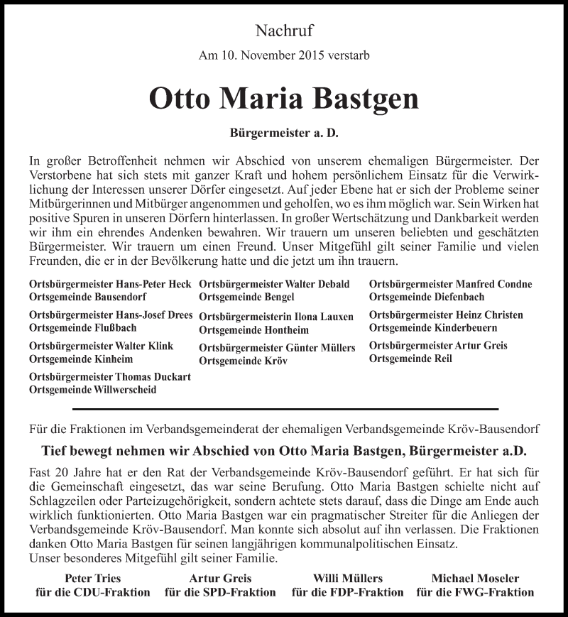  Traueranzeige für Otto Maria Bastgen vom 12.11.2015 aus trierischer_volksfreund