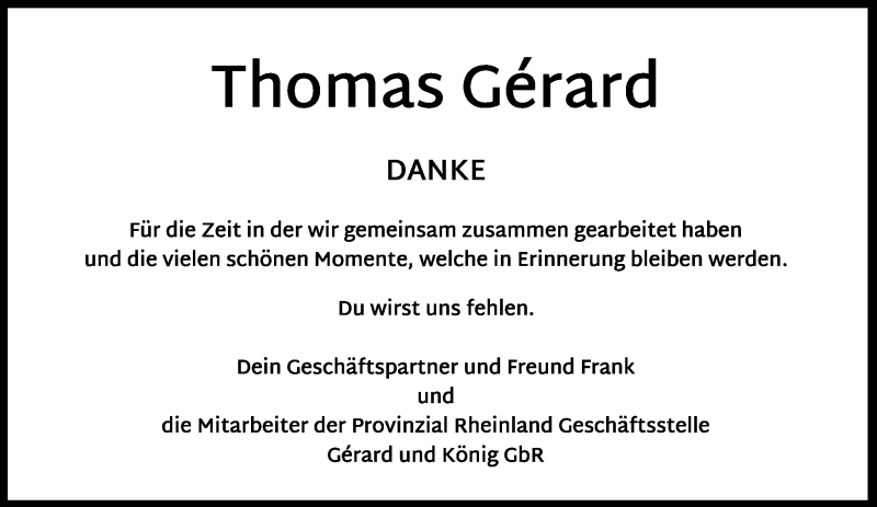  Traueranzeige für Thomas Gérard vom 09.12.2015 aus trierischer_volksfreund