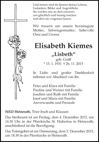 Traueranzeige von Elisabeth Kiemes von trierischer_volksfreund