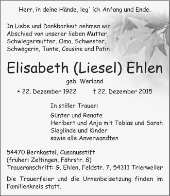 Traueranzeige von Elisabeth Ehlen von trierischer_volksfreund