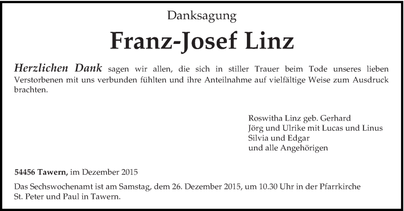  Traueranzeige für Franz-Josef Linz vom 19.12.2015 aus trierischer_volksfreund