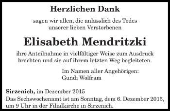 Traueranzeige von Elisabeth Mendritzki von trierischer_volksfreund