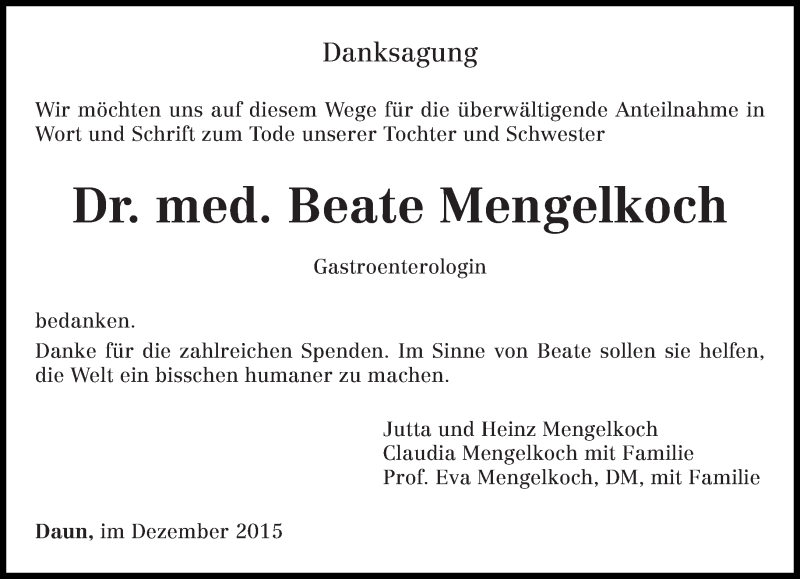  Traueranzeige für Beate Mengelkoch vom 23.12.2015 aus trierischer_volksfreund