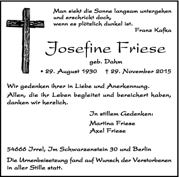 Traueranzeige von Josefine Friese von trierischer_volksfreund
