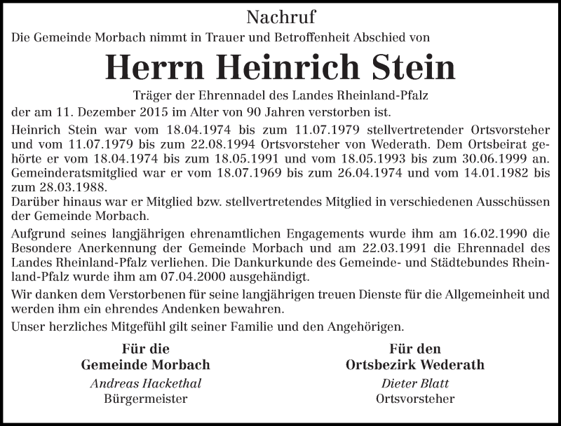  Traueranzeige für Heinrich Stein vom 16.12.2015 aus trierischer_volksfreund