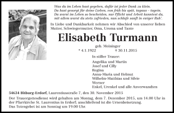 Traueranzeige von Elisabeth Turmann von trierischer_volksfreund