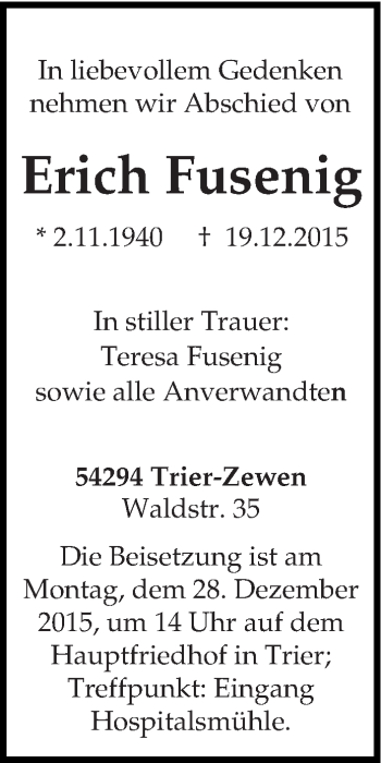 Traueranzeige von Erich Fusenig von trierischer_volksfreund