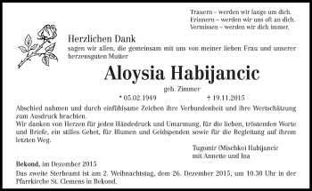 Traueranzeige von Aloysia Habijancic von trierischer_volksfreund