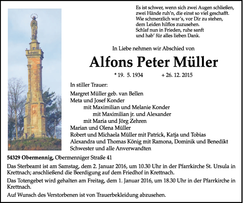  Traueranzeige für Alfons Peter Müller vom 30.12.2015 aus trierischer_volksfreund