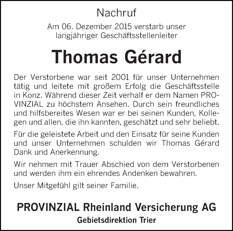 Traueranzeige für Thomas Gérard vom 09.12.2015 aus trierischer_volksfreund