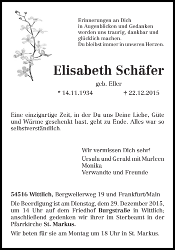 Traueranzeige von Elisabeth Schäfer von trierischer_volksfreund